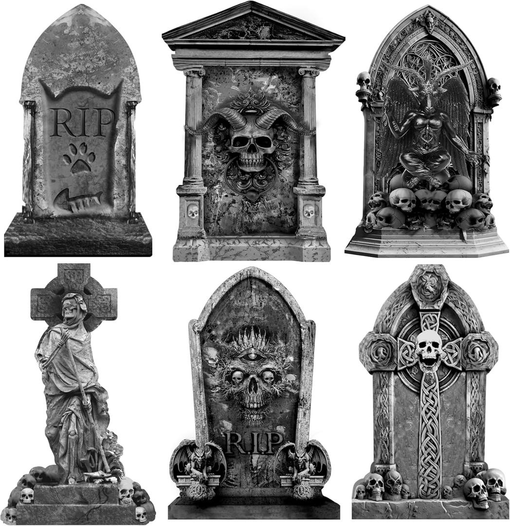 26 Inch Halloween Graveyard Tombstones Yard Stakes Signs Large 6 Styles Outdoor Headstones for Cemetery Halloween RIP Graveyard Tombstones Outdoor Props Yard Decorations with Metal Stakes