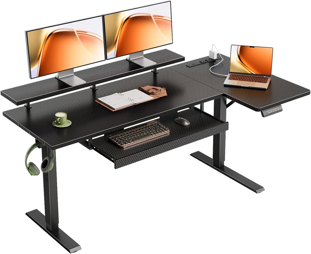 OffiGo 55 Inch L Shaped Electric Standing Desk with Keyboard Tray, Reversible Height Adjustable Corner Computer Desk with Monitor Stand, Sit Stand Up Lift Table for Home, Office, Carbon Fiber Black