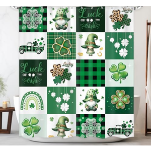 Newsely Happy St.Patrick's Day Shower Curtain 60Wx72H Inch Cute Gnome Green Lucky Shamrock Clover Leaf Truck Shower Curtain Bathroom Set Buffalo Plaid Waterproof Bath Decoration Accessories Home Decor