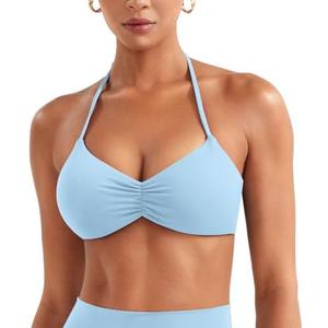 YEOREO Halter Sports Bras for Women Adjustable Strappy Open Back Impact Removable Pads Deep V Bra Workout Gym Yoga Crop Top, Blue, M