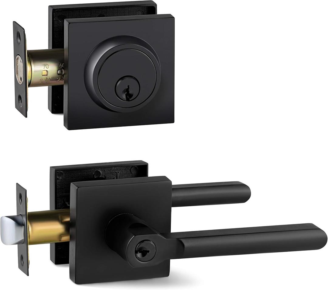 Berlin Modisch Entry Lever Door Handle and Single Cylinder Deadbolt Lock and Key Slim Square Locking Lever Handle Set [Front Door or Office] Right & Left Sided Doors Heavy Duty  Iron Black Finish