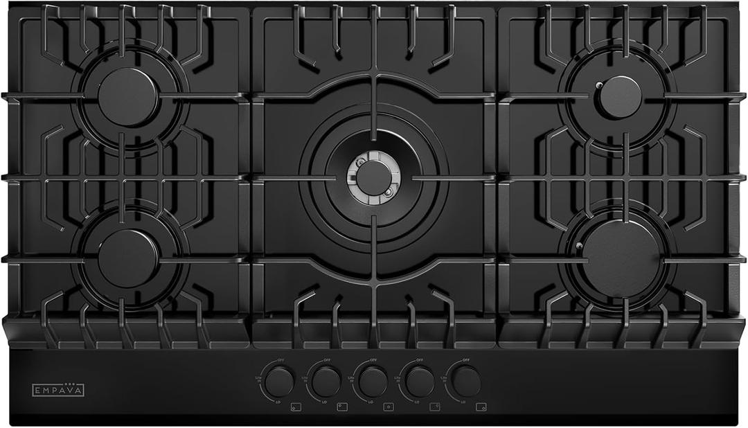 Empava 36 Inch Built-in Gas Cooktop with 5 Sealed SABAF Burners, Black Tempered Glass Surface, LPG/NG Convertible, Flame Failure Protection, Dishwasher Safe Grates, 35.43 inches x 20.67 inches