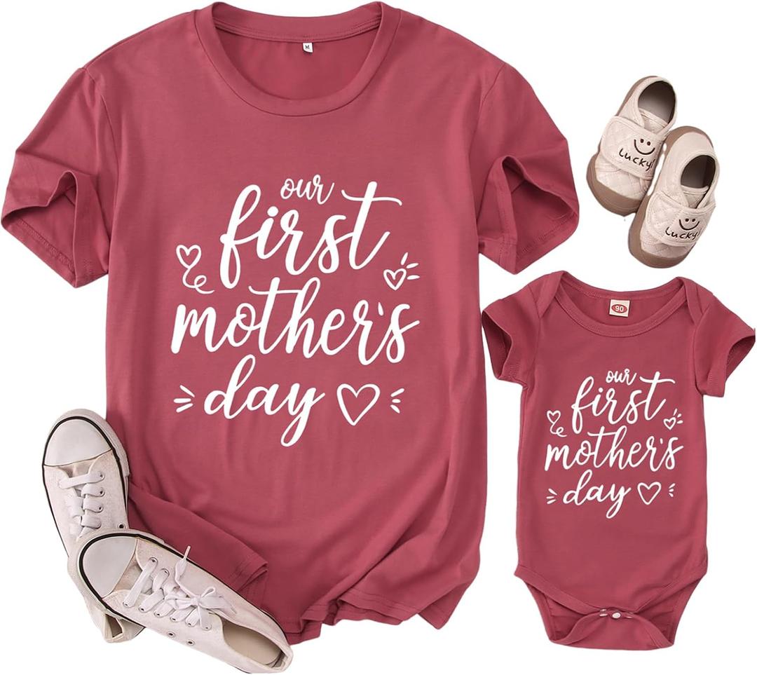 Our First Mothers Day Matching Outfit Mommy and Me Newborn Baby Boys Girls Romper Onesie New Mom Shirts for Women, Small