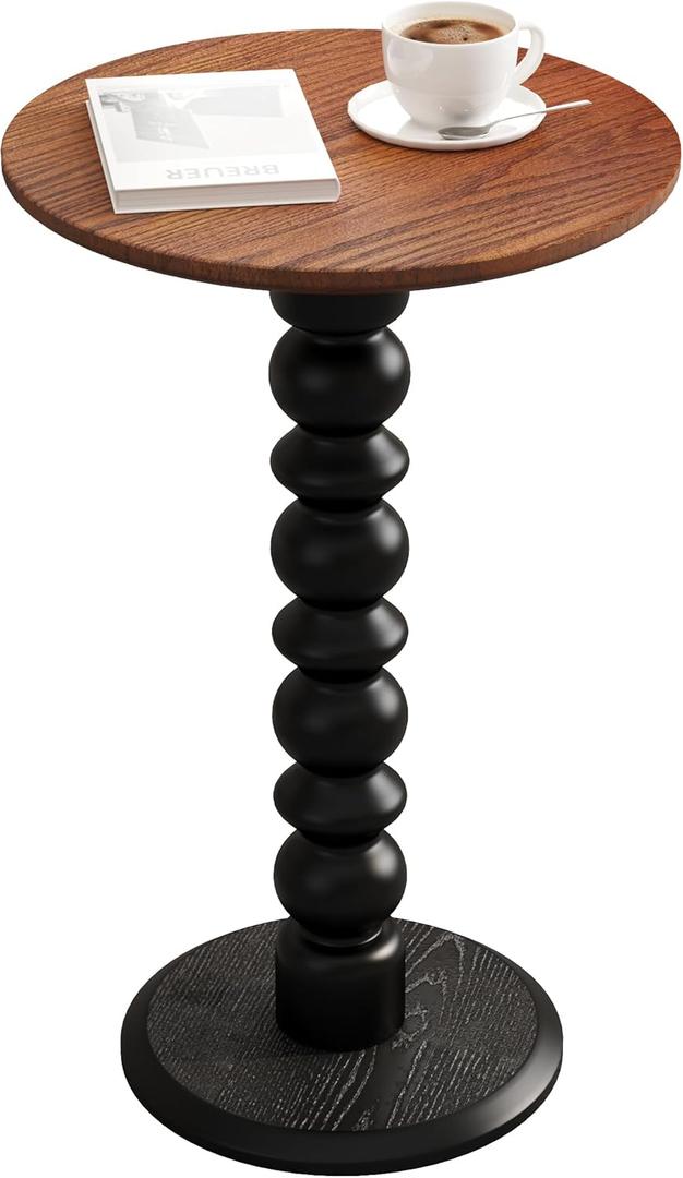 Solid Wood Round Side Table, Small Drink Table,Cocktail Table, Wooden Pedestal End Table, Plant Stand for Living Room, BedroomOffice and Corners(Walnut/Black)