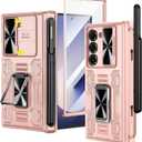 VEGO for Galaxy Z Fold 6 Case, with [S Pen Holder][Hinge Protection][360-degree Rotating Kickstand][Slide Camera Cover][Front HD Screen Protector] Protective Cover for Samsung Z Fold 6 - Rose Pink