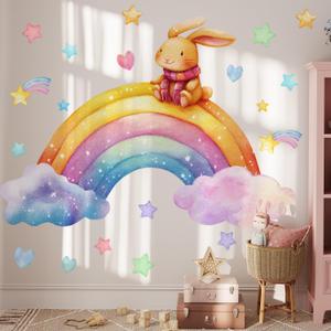 Rainbow Rabbit Wall Stickers Cute Rabbit on Rainbow with Stars and Clouds Decals Peel and Stick Decal for Kids Rooms Nursery Playroom (Rainbow Rabbit)