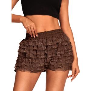 High Waisted Ruffle Shorts for Women Girls, Cute Lace Layered Bloomers, Going Out Mini Micro Bloomer (Small, Dark Brown)