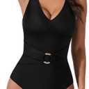SUUKSESS Women Retro One Piece Swimsuit Metal Tummy Control V Neck Bathing Suit M