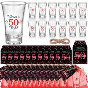 Pickmesh 50 Sets Black Red Birthday Party Favors for Guests Souvenir 50 Years Old Gift Acrylic Clear Shot Glasses with Thank You Cards and Gift Bags Twine Organza Bags, 50th Birthday Party Supplies