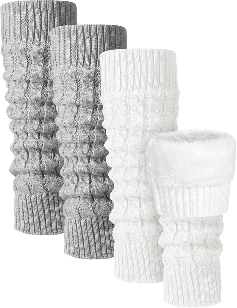 Shihanee 2 Pairs Winter Fleece Lined Leg Warmers for Women Warm Long Boot Socks Knit Thick Calf Warmers for Skating Walking (Grey,White)