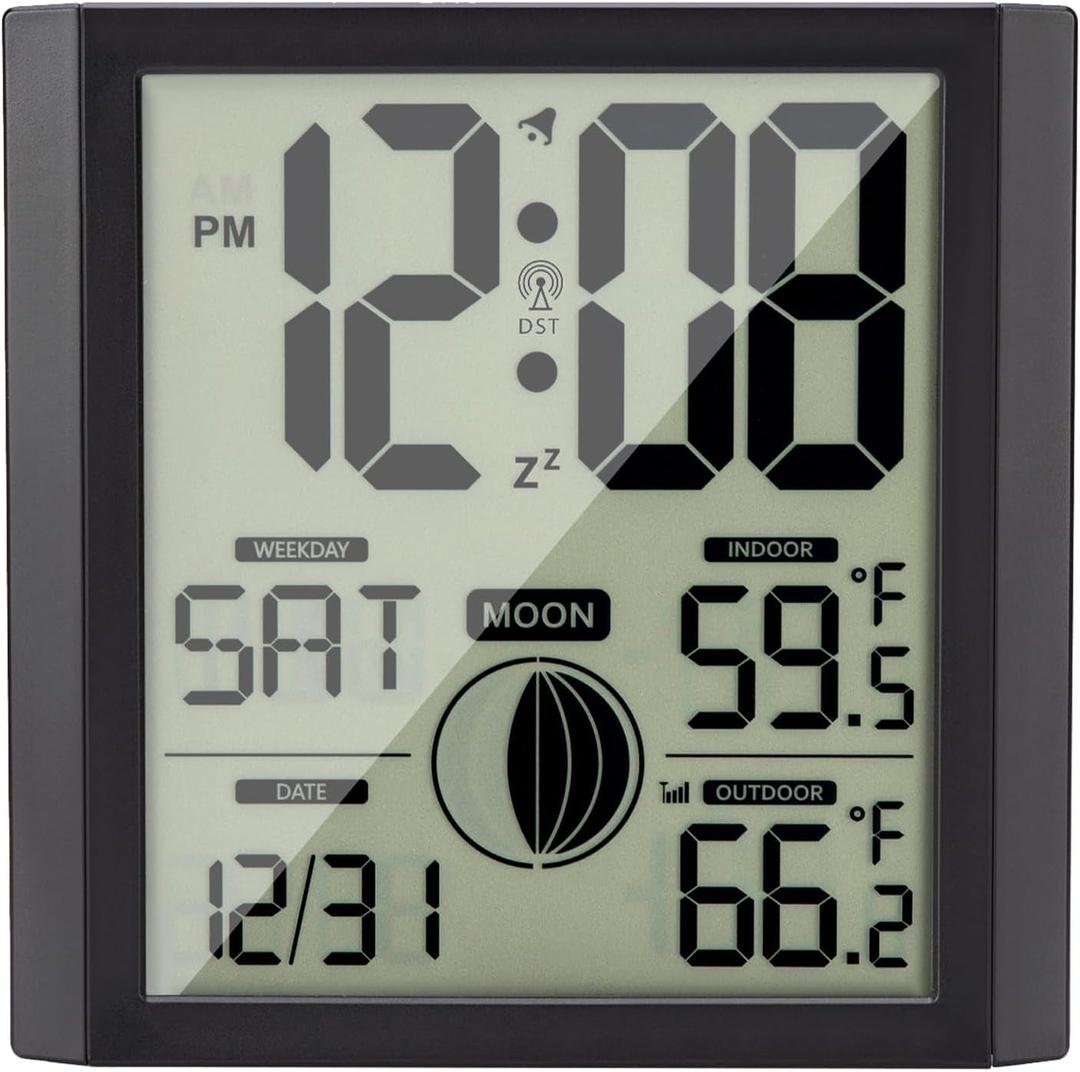 Atomic Wall Clock with Indoor/outdoor Temp Large Number Display Silent Battery Operated Alarm Analog Digital Clocks for Bedroom Dementia Seniors Desk Living Room Office Bathroom Kitchen Shower (Black)