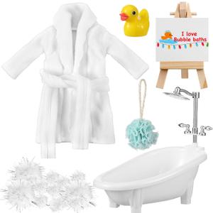 Outus 7 Pcs Christmas Doll Accessories Kit Holiday Doll Bath Clothes Set Include Yellow Bathrobe Bathtub Bath Ball Duck Bubble Card Display Stand for Christmas DIY Activity
