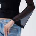 SUUKSESS Women Mesh Sheer Bell Sleeve Tops Double Lined Boat Neck Going Out Shirts (Black, L)