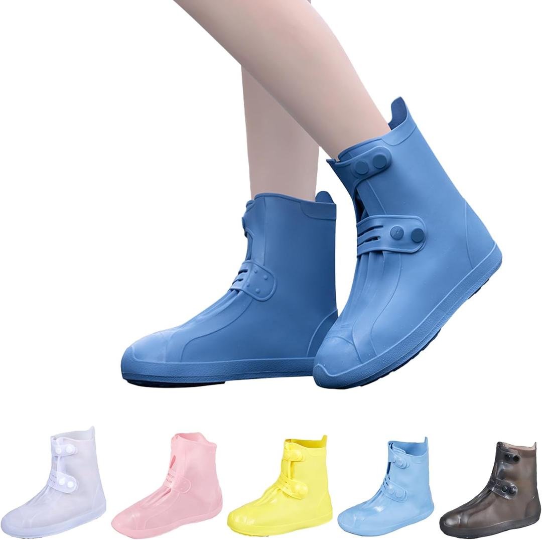 Dream Apparel Waterproof Rain Shoe Covers for Women Men, Non-Slip Reusable Foldable Boot Covers Rainproof Overshoes Over Shoes Galoshes (Medium, Blue)