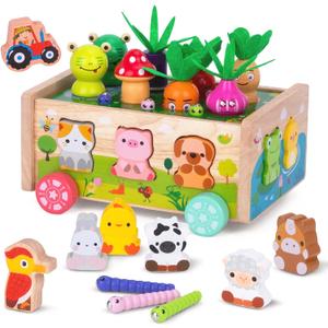 KMTJT Montessori Wooden Toddler Toys for 1 2 3 Years Old Boys Girls, Shape Sorting Toys First Birthday Gifts for 1-2 Years, Wood Animal Farm Car Preschool Educational Fine Motor Skills Toy