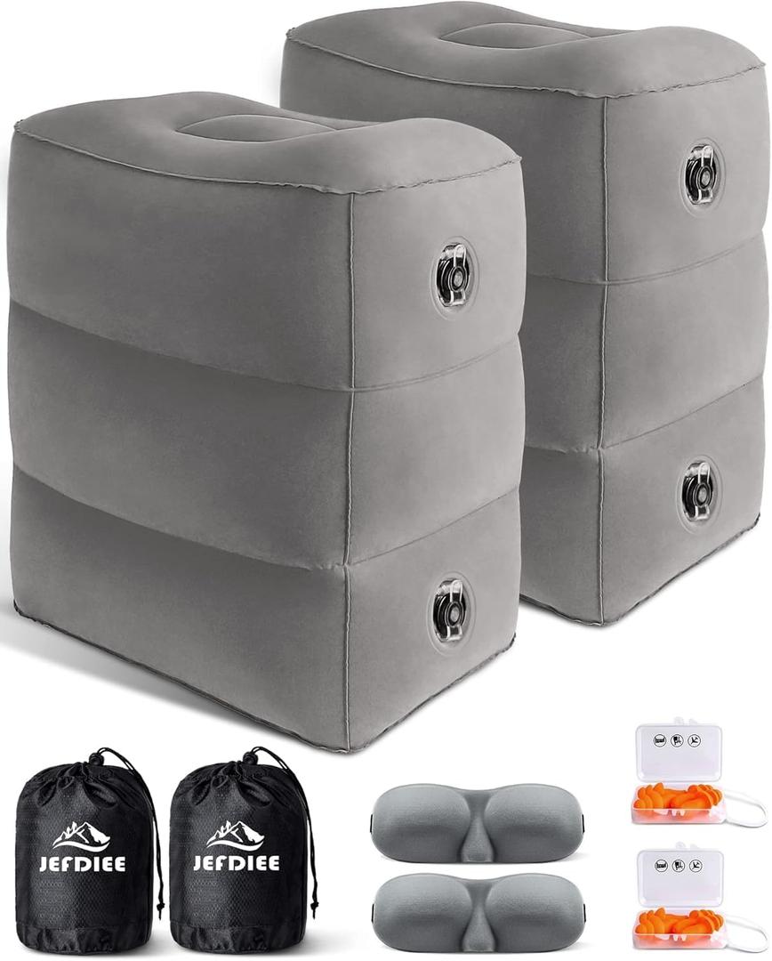 JefDiee Inflatable Travel Foot Rest Pillow, Kids Airplane Bed, Adjustable 3 Layers Height Leg Rest Pillow, Adults Travel Essentials Great for Airplane, Office, Home, Trains, Cars (Grey-2pack)