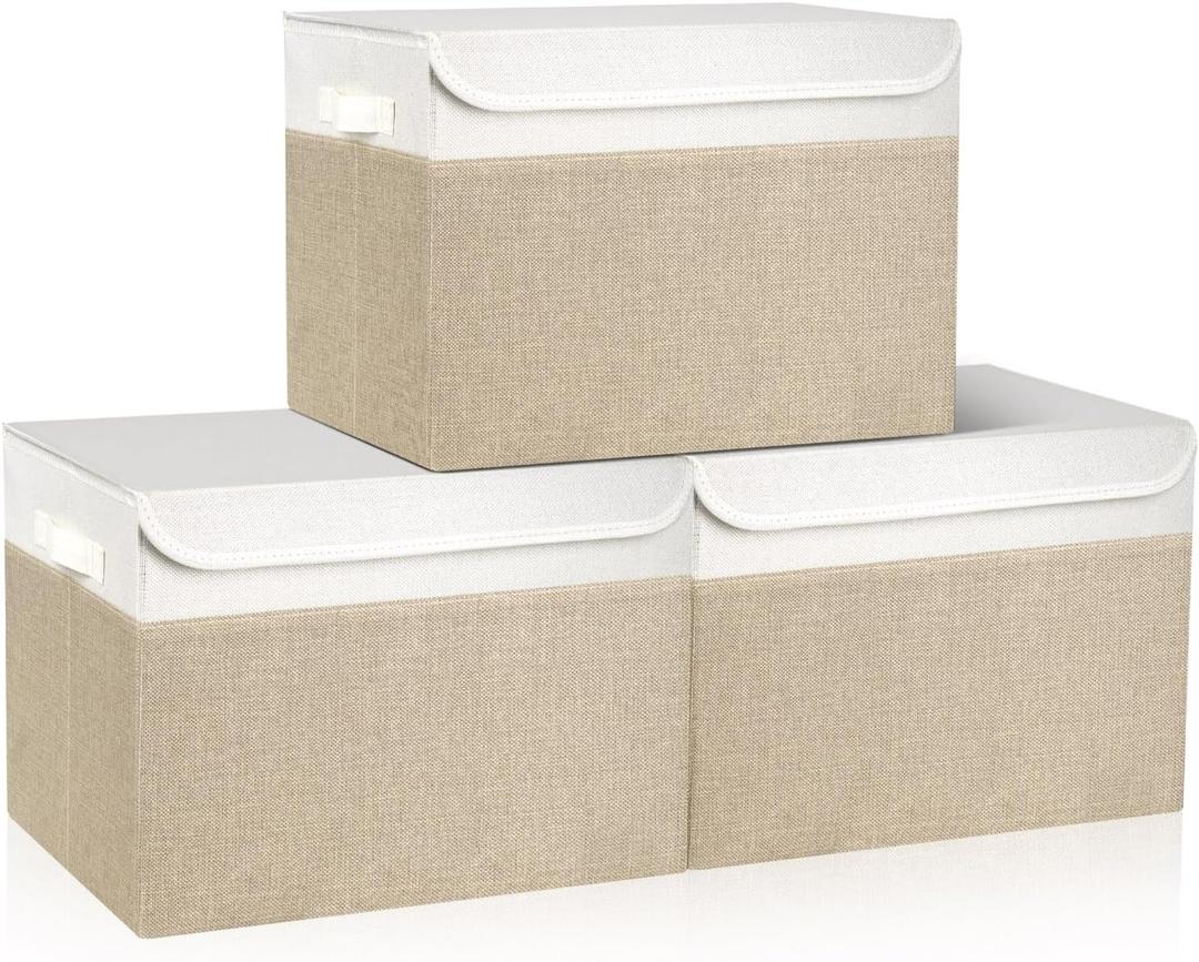 Large 17" 42 Quarts Collapsible Stackable Storage Bins with Lids [3-Pack] Foldable Fabric Linen Storage Boxes Cube, Closet Organizer Baskets with Label (16.7 x 12 x 12, Beige & White)