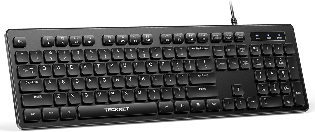 TECKNET Wired Keyboard, Silent USB Keyboard for Office, Spill-Resistant, Slim Full-Size Membrane Layout, Plug and Play for PC/Laptop/Mac-No Backlit (Black)