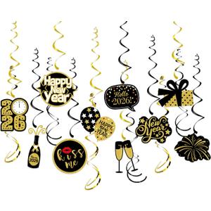 Happy New-Years Eve Party-Decoration Banner Garland - 16pcs Black Gold 2026 Swirl Streamers Banner,Nye Kids Hanging Supplies Decor Lasting Surprise