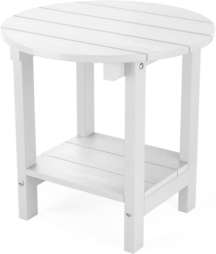 Round Outdoor Side Table Adirondack Tables 18 Inch Chairside End Tables with Storage Shelf, 2-Tier Plastic Patio Side Table for Balcony Backyard Lawn (White, 1 Pack)