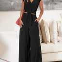 PRETTYGARDEN Women's Summer 2 Piece Outfits 2026 Cap Sleeve V Neck Belted Crop Tops Wide Leg Pant Sets Casual Tracksuit (Black, L)