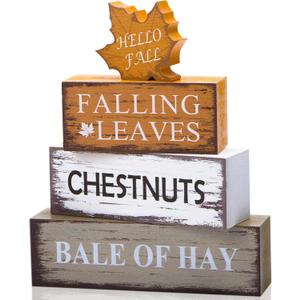 Fall Decor for Home, 4 Pcs Autumn Decorations Indoor Wooden Maple Leaf Fall Table Decor, Thanksgiving Harvest Centerpiece for Tiered Tray, Kitchen, Office, Farmhouse Party Table Centerpiece