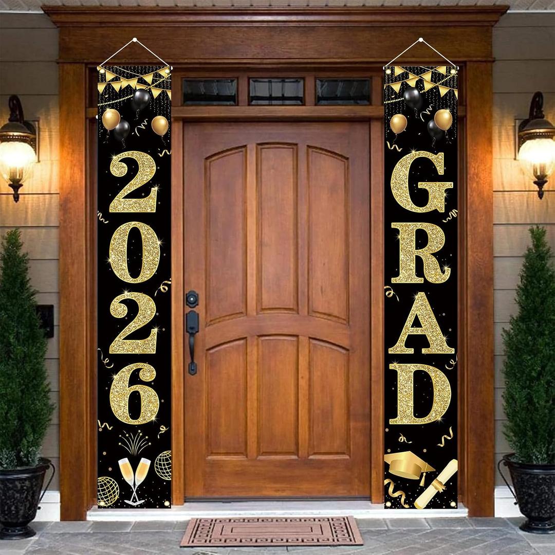 Black and Gold Class of 2026 Door Banner, Congrats Grad Door Banner, Graduation Party Decorations for Class of 2026 Gatherings, Graduation Ceremony Photo Backdrop