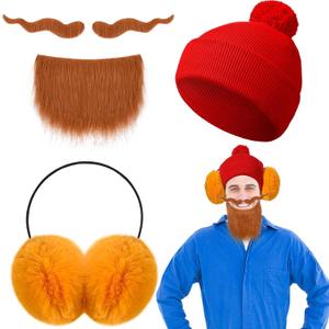 3 Pcs Prospector Costume Accessories Winter Red Beanie Hat Yellow Ear Warmers Beard for Halloween Christmas Cosplay Dress Up
