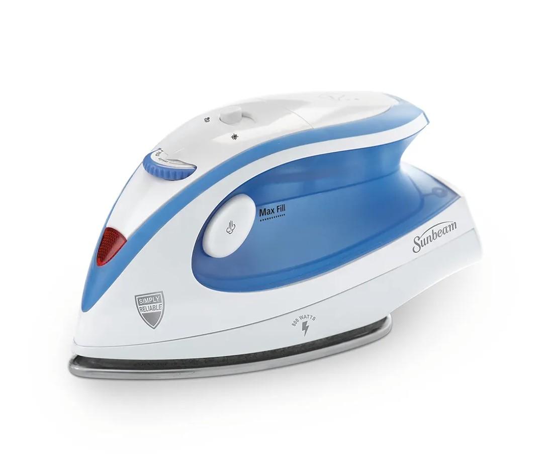 Sunbeam Hot-2-Trot Travel Steam Iron, 800 Watt Dual Voltage 120/240, Compact Size, Portable, Non-Stick Soleplate, Soft Touch Handle, Horizontal or Vertical Use, White and Blue