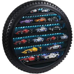 Tire-Shaped Wooden Display Shelf for 1/64 Scale Diecast Cars, LED Lighted Model Car Display with Wall Mount or Desk Placement, Mini Car Storage Organizer for Collectors