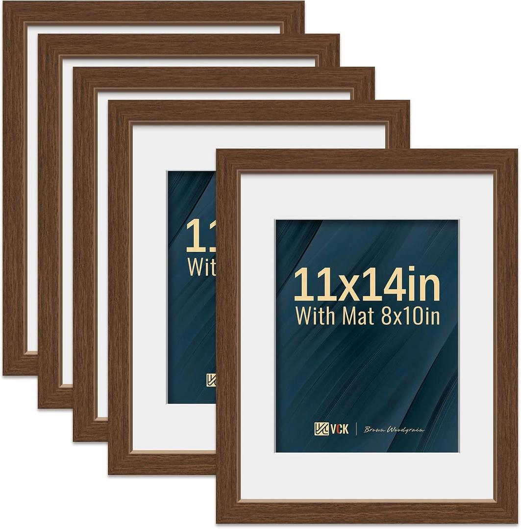 VCK 11x14 Picture Frame 5 Pack - Brown, High-End Wood Poster Frames with Tempered Glass, Display 8x10 Photo with Mat or 11x14 without Mat, Art Gallery-Quality, Wall Hanging, Brown