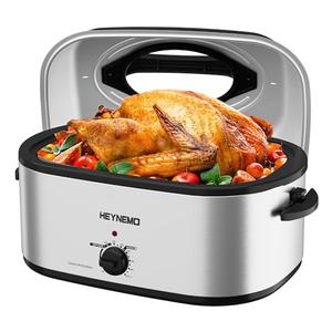 26 Quart Electric Roaster Oven with Visible & Self-Basting Lid, Large Turkey Roaster with Defrost Warm Function, Adjustable Temperature, Removable Pan Rack, Stainless Steel, Silver