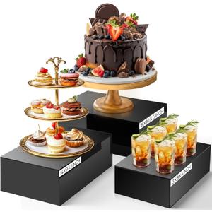 3 Pack Extra Large Acrylic Buffet Risers - 15, 14, 13 Black Display Stands with Hollow Bottoms, Cube Riser Boxes Nesting for Dessert Food Catering Buffet Display Party Supplies
