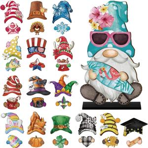 Blulu 34 Pcs Interchangeable Wooden Gnome Decor Summer 4th of July Patriotic Gnomes Welcome Sign Holiday Seasonal Tiered Tray Decor with Magnet Pieces for Gifts Decorations (Retro Watercolor)