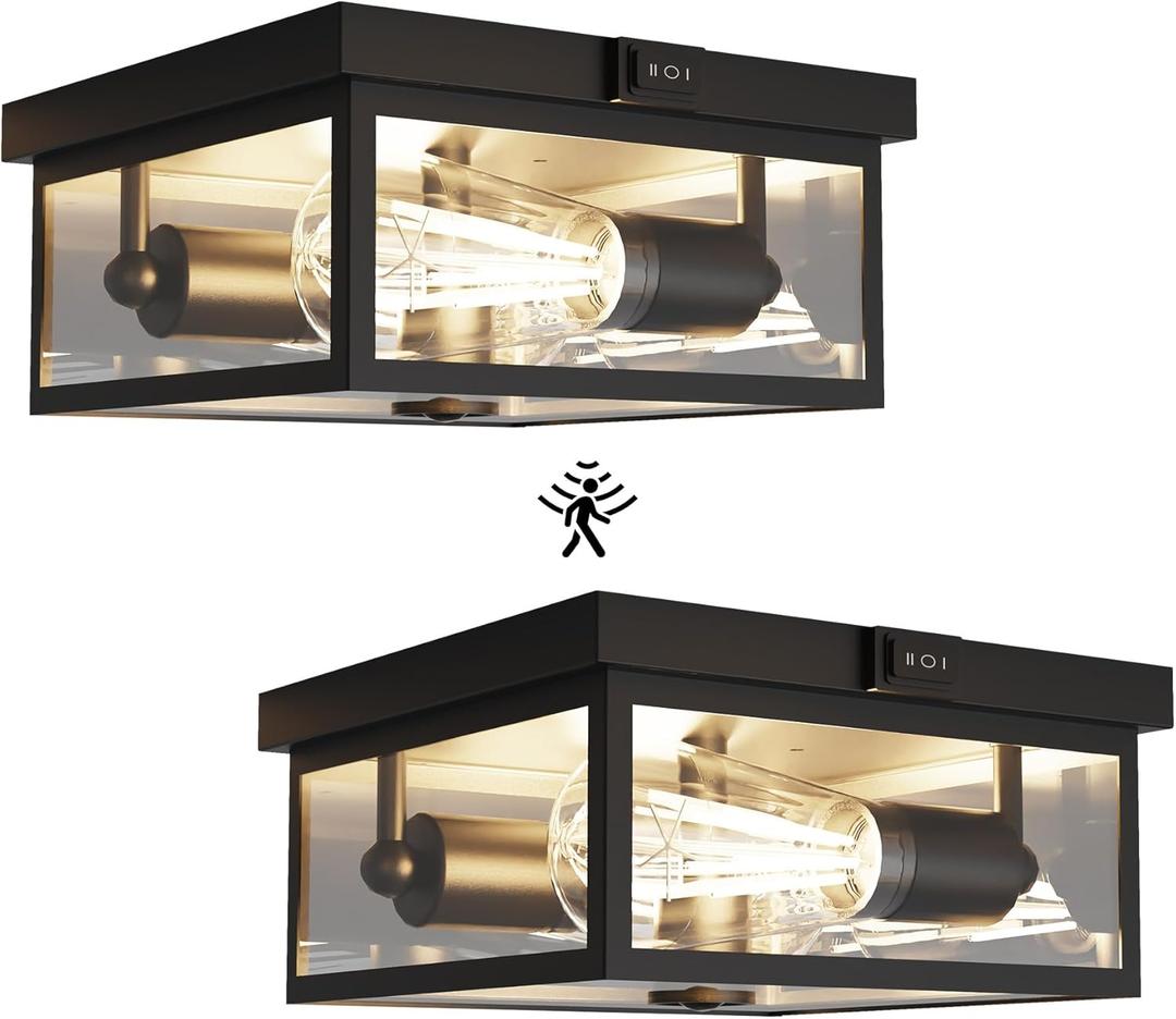 Outdoor Ceiling Light with Motion Sensor, Flush Mount Porch Light, Exterior Light Fixture with Clear Glass, Dusk to Dawn 2-Light Fixture for Patio,Porch (8.5in 2Pack)