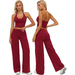 ABOCIW Womens Workout Sets 2 Piece Spaghetti Straps Crop Top Straight Leg Yoga Pants Yoga Pilates Outfits (Red, M)