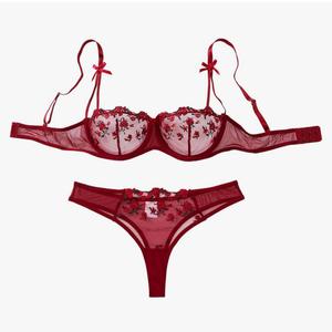 Lilosy Sexy Bows Floral Embroidered Mesh Sheer Underwire Lingerie Set 2 Piece, S