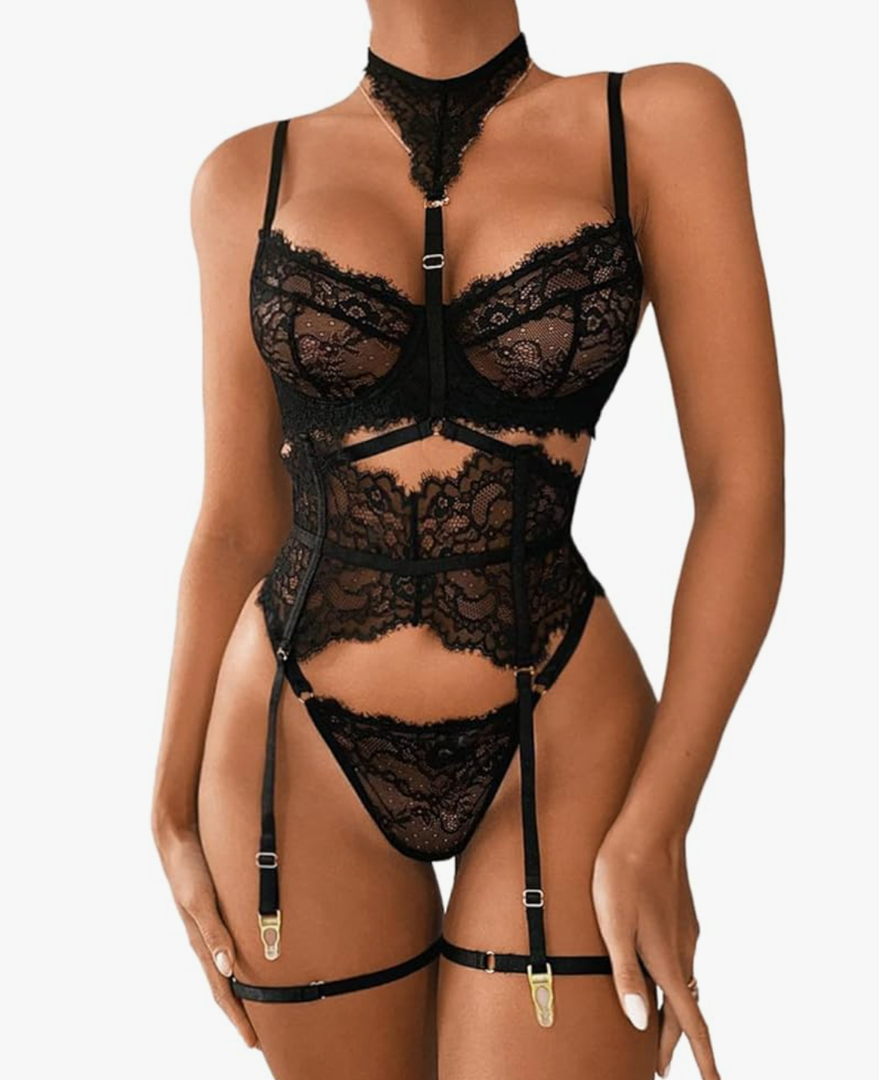 Kaei&Shi Garter Lingerie Set for Women, Sexy Floral Lace, Strappy High Waisted Hide Belly, 4 Piece with Exotic Choker Belt Large
