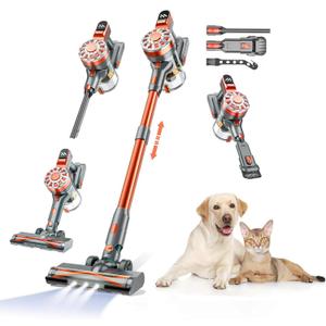 WLOTPO Cordless Vacuum Cleaner for Home,Lightweight Stick Vacuum Cordless Rechargeable with Power Suction, Up to 35 Mins Runtime, Hardwood Floor Vacuum for Pet Hair,Carpets,Tile(Red Grey)