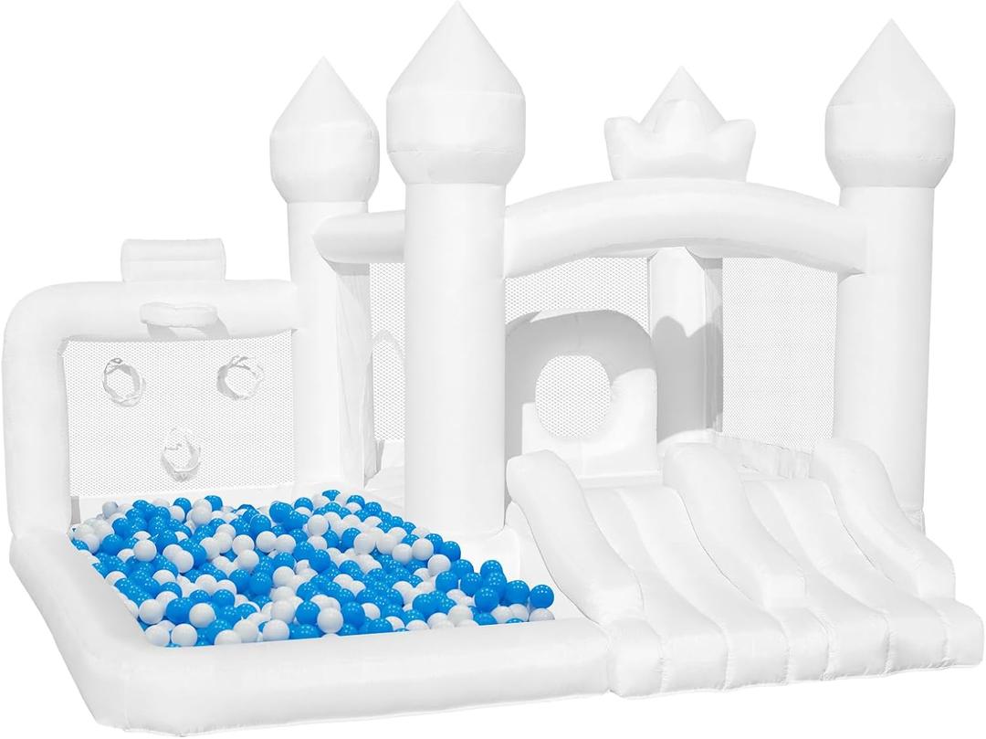 White Bounce House, Bounce House for Kids with Ball Pit, Blower Included, Bouncy Castle with Double Slides for Indoor Outdoor Use, 10.8ft L x 9.6ft W x 7.5ft H, Bouncy House