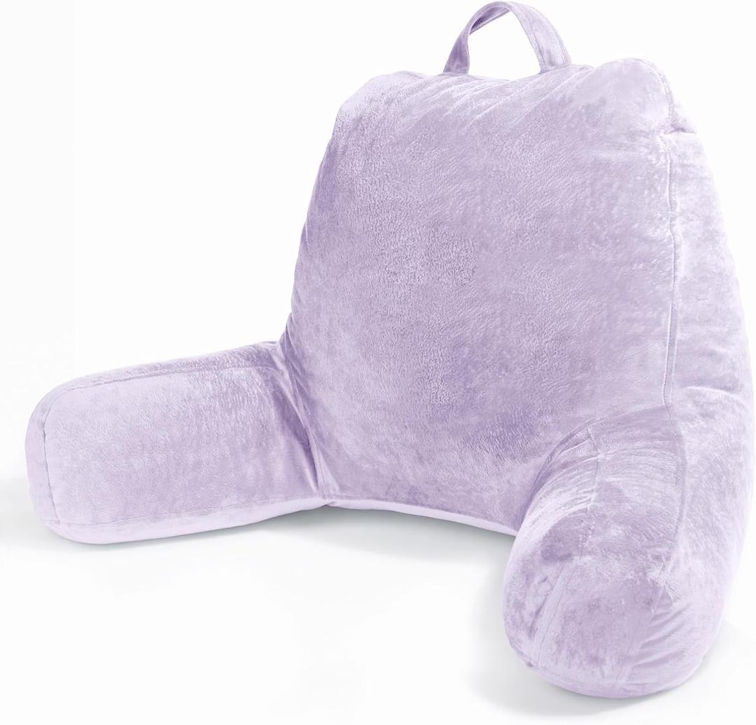Sasttie Reading Pillow, Velvet Back Pillow for Bed Sitting Up, Adult Back-Rest Support Cushion with Arms for Sit Up on Couch, Sofa, and Floor, Dorm Essentials, Reading Accessories, Lavender