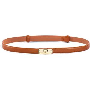 FAN&LOUIS Brown Belt Women, Skinny Waist Belt Ladies Adjustable Black Leather Belt with Gold Buckle for Dress,Jeans,and Coats (Beige, S)
