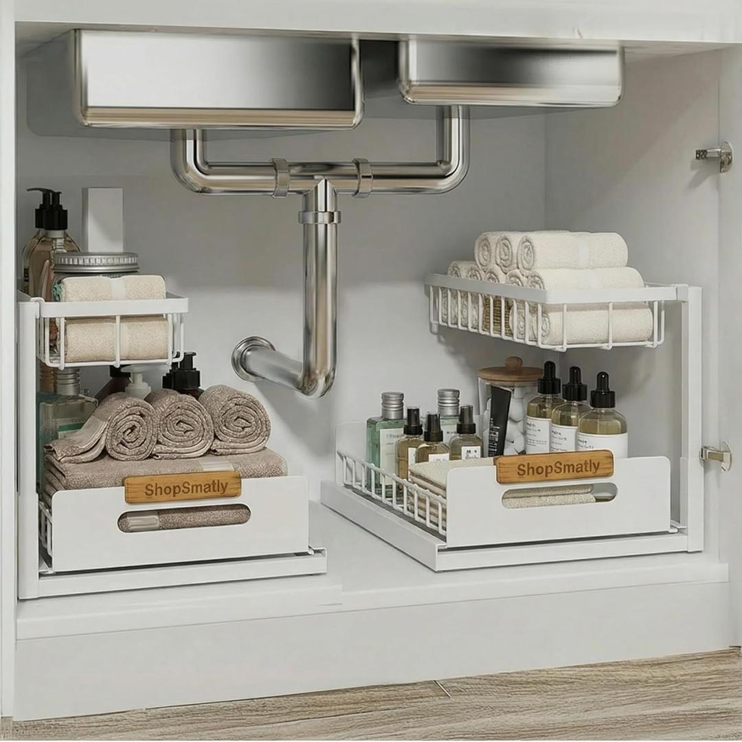 Under Sink Organizer 2-Pack, Metal Under Sink Organizer for Kitchen & Bathroom, Multi-Use Under Sink Storage Rack for Cleaning Supplies and Bathroom Essentials (White)