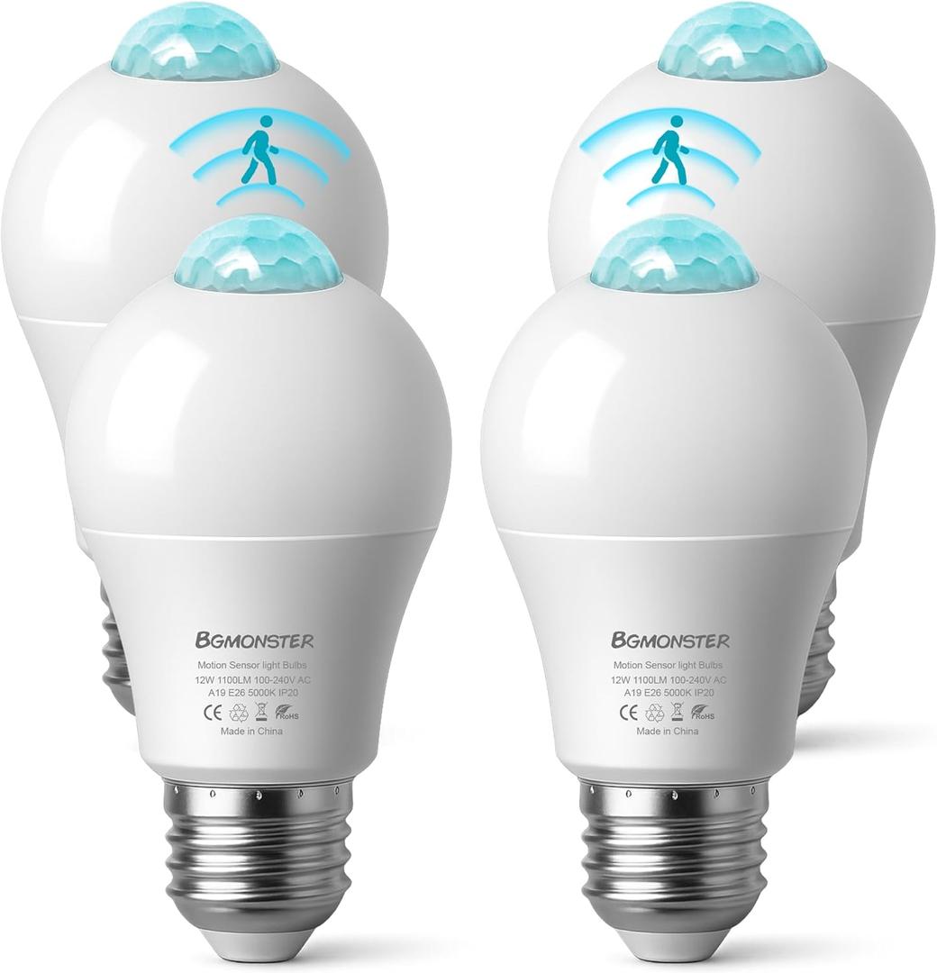 4-Pack Motion Sensor Light Bulbs, 12W(100W Equivalent) E26 A19 Security LED Bulb Outdoor/Indoor, Motion Activated Dusk to Dawn Bulb(Energy Efficient) for Front Porch, Garage, Basement, Hallway, Stairs