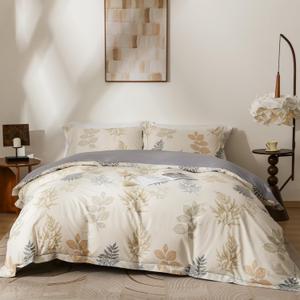 OAITE Duvet Cover Set King Size Floral Pattern Ultra Soft 100% Cotton Duvet Cover Sets 3-PC, Breathable Duvet Cover with Zipper Closure & Corner Ties(2 Pillow Shams,1 Duvet Cover) (Leafy Serenity)