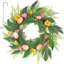 22 Inchs Spring Easter Wreath, Farmhouse Artificial Spring Wreath, Decor with Colorful Easter Eggs, Yellow and Pink Flowers & Green Eucalyptus Leaves, for Door Wall Window Fences (01 Light Green - Elegant)