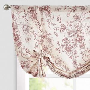 jinchan Tie Up Valance Curtain Floral Linen for Windows Farmhouse Peonies Botanical Short Window Treatment 45 Inch Adjustable Length for Kitchen Living Room Light Filtering 1 Panel Brick Red on Linen