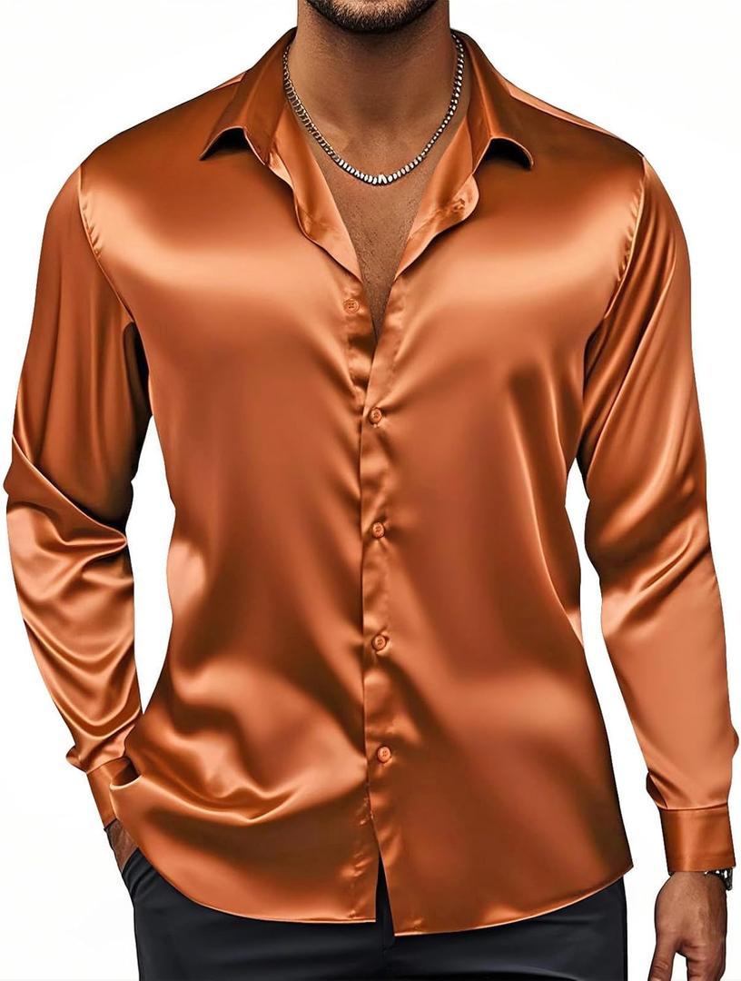 Hi-Tie Men's Silk Satin Dress Shirts Long Sleeve Shiny Casual Button Up Shirts Luxury Party Disco Prom Wedding Shirt, XL