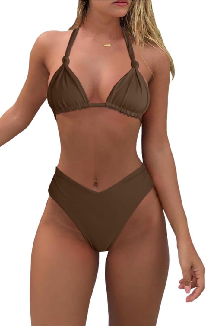 Bikini Sets for Women Sexy Halter Triangle String Bikini Cheeky V Cut High Waisted Thong Swimsuits 2 Piece (Brown, XL)