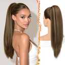 BARSDAR Straight Drawstring Ponytail Extension - 22 Inch Long Straight Ponytail Extension Natural Looking Layered Soft Synthetic Cheer Posh Pony Tails Hairpieces Daily Party, Brown with Blonde